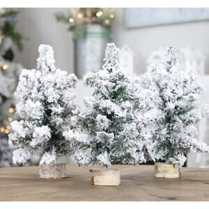 Mini Christmas Trees (3-Pack 10-Inch Flocked) Canadian Pine Greenery Tabletop